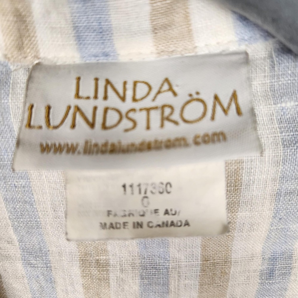 Linda Lundstrom Shirt Womens 6 Beige Blue Striped Linen Button‎ Up Made Canada - Picture 3 of 10